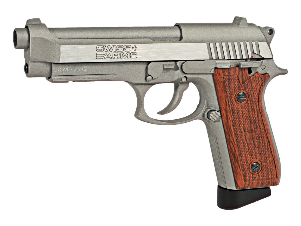 Swiss Arms SA92 CO2 Stainless Pistol, Brown Grips, .177 Cal, Blowback, Semi-Auto