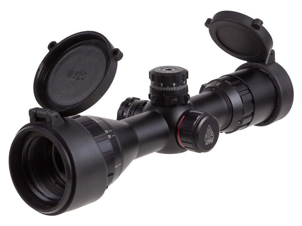 UTG 3-9x32 AO Compact CQB Bug Buster Rifle Scope, Illuminated Mil-Dot Reticle, 1/4 MOA, 1" Tube, Medium Max Strength Lever Lock Weaver Rings