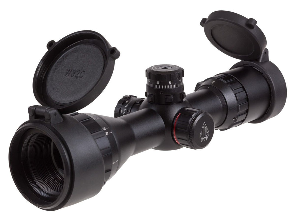 UTG 3-9x32 AO Compact CQB Bug Buster Rifle Scope, Illuminated Mil-Dot Reticle, 1/4 MOA, 1" Tube, Medium Max Strength Lever Lock Weaver Rings